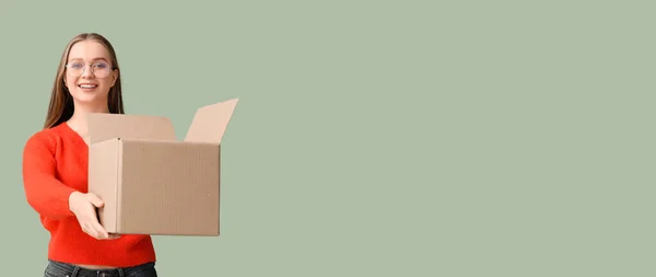 Young Woman Cardboard Box Color Background Space Text — Photo