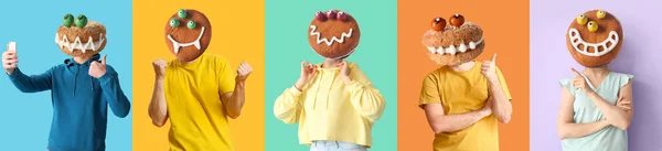 People Funny Monster Cookies Instead Heads Color Background Halloween Celebration — Zdjęcie stockowe