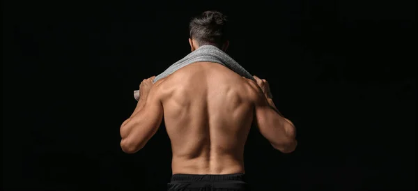 Sporty Muscled Man Towel Dark Background Back View — Zdjęcie stockowe