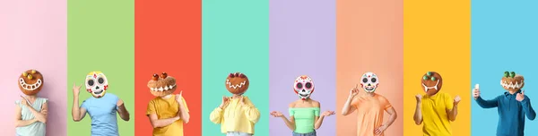 Many People Funny Monster Cookies Instead Heads Color Background Halloween — Stockfoto