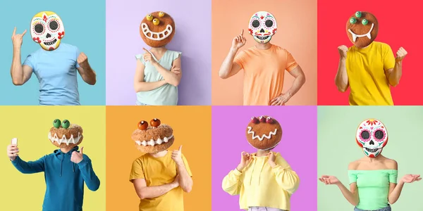 Many People Funny Monster Cookies Instead Heads Color Background Halloween — стоковое фото