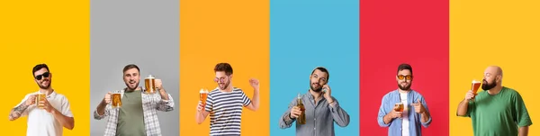 Collage Different Men Drinking Beer Colorful Background — Zdjęcie stockowe