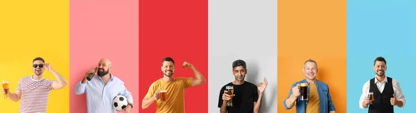 Collage Men Drinking Beer Colorful Background — стоковое фото