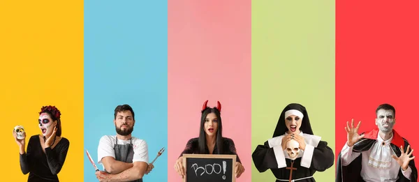 Collage People Halloween Costumes Colorful Background — Fotografia de Stock