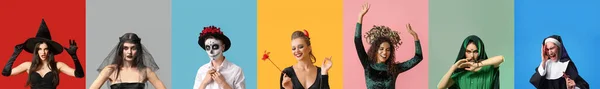 Set People Halloween Costumes Colorful Background — Zdjęcie stockowe