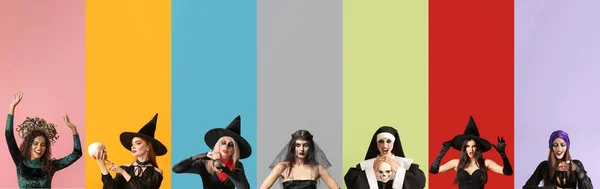 Set Women Halloween Costumes Colorful Background — Stockfoto