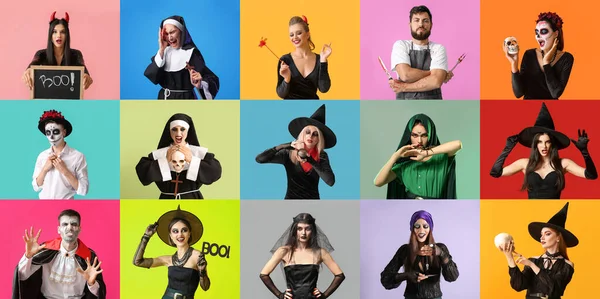 Collage People Halloween Costumes Colorful Background — Foto Stock