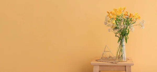 Vase Beautiful Flowers Table Beige Background Space Text — Φωτογραφία Αρχείου