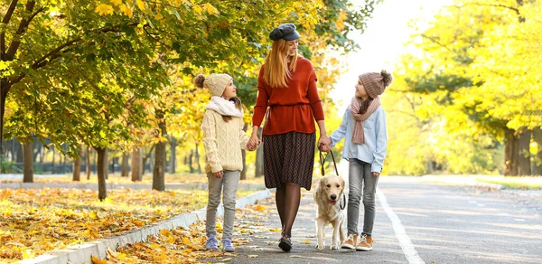 Happy Mother Daughters Dog Walking Autumn Park — Foto Stock