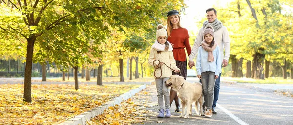 Happy Young Family Dog Walking Autumn Park — ストック写真
