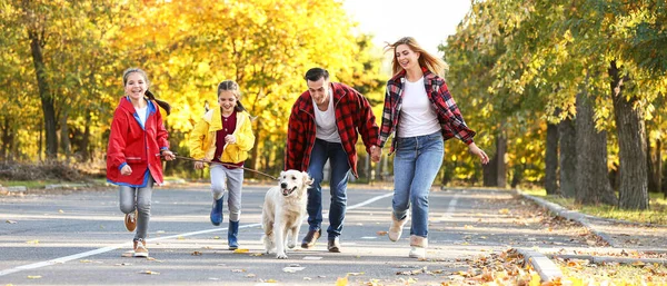 Happy Family Dog Running Autumn Park —  Fotos de Stock