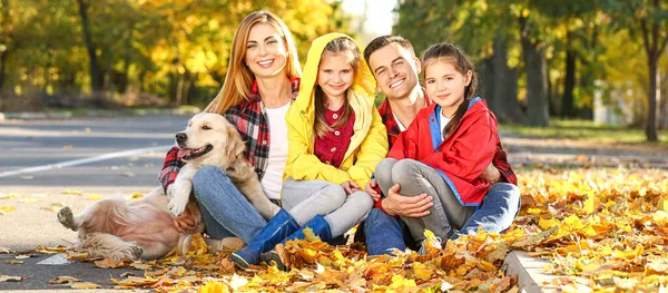 Portrait Happy Family Dog Autumn Park — стоковое фото
