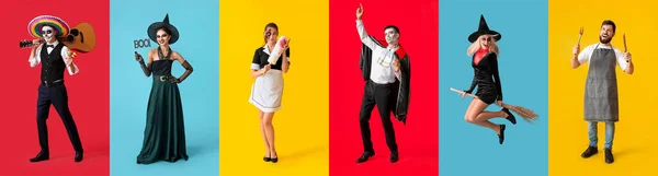 Set People Halloween Costumes Colorful Background — Stockfoto