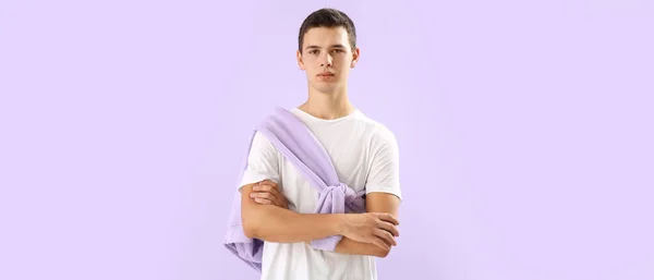 Teenage Boy Shirt Lilac Background — Φωτογραφία Αρχείου