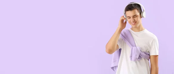 Stylish Teenage Boy Headphones Listening Music Lilac Background Space Text — 스톡 사진