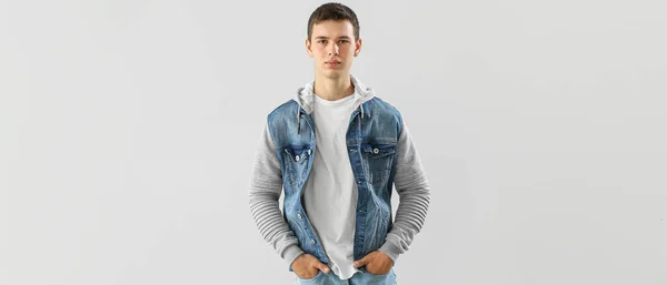 Teenage Boy Stylish Clothes Light Background — Zdjęcie stockowe