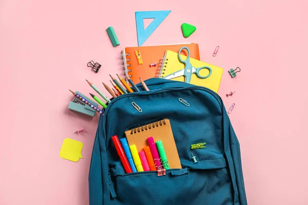School Backpack Stationery Supplies Pink Background —  Fotos de Stock
