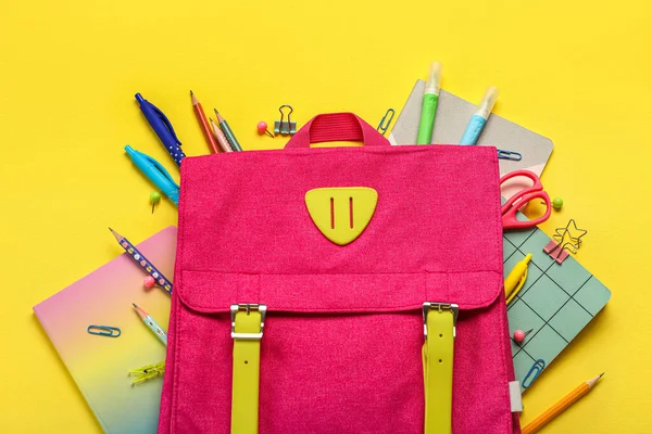 School Backpack Stationery Supplies Yellow Background — 스톡 사진