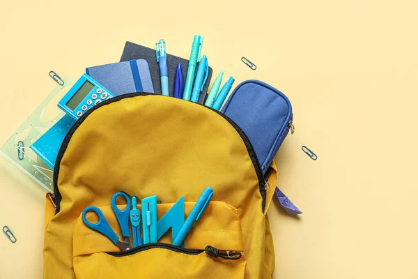 Yellow Backpack School Stationery Beige Background — Stock Photo, Image