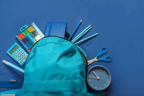 School Backpack Stationery Blue Background — 스톡 사진