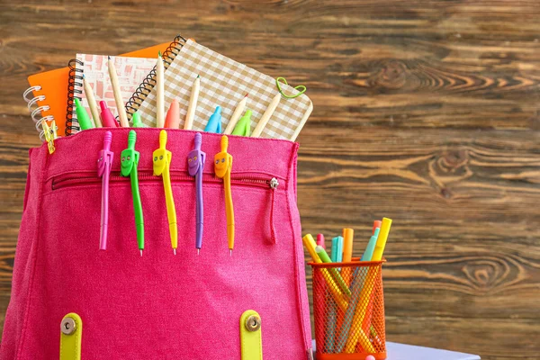 Pink Backpack School Stationery Wooden Background — Stock Photo, Image