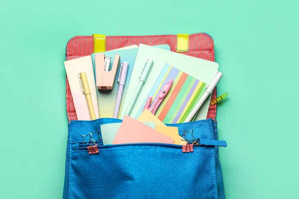 Blue Backpack School Stationery Green Background — Stock Photo, Image