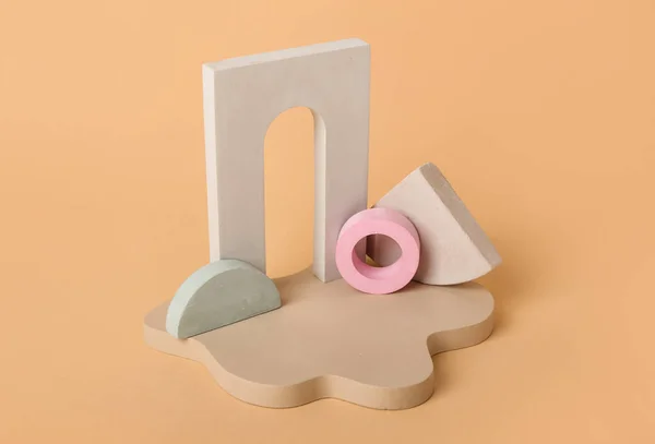 Composition Different Empty Showcase Pedestals Color Background — 스톡 사진