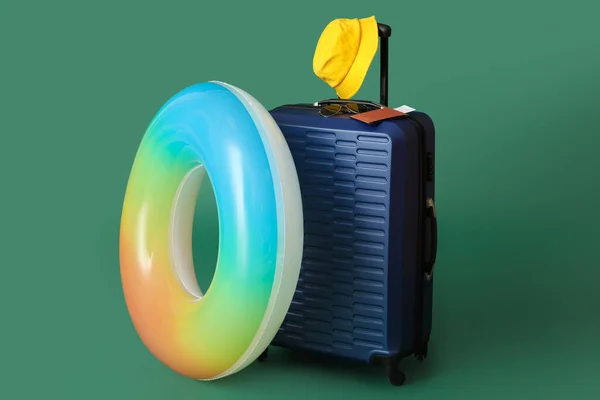 Suitcase Beach Accessories Passport Ticket Green Background — Zdjęcie stockowe
