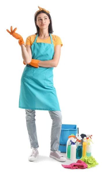 Thoughtful Young Woman Cleaning Supplies White Background — Foto de Stock