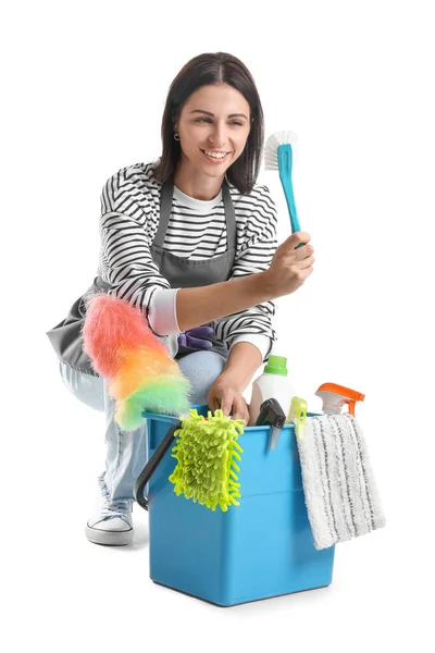 Beautiful Woman Bucket Cleaning Supplies White Background — Foto Stock