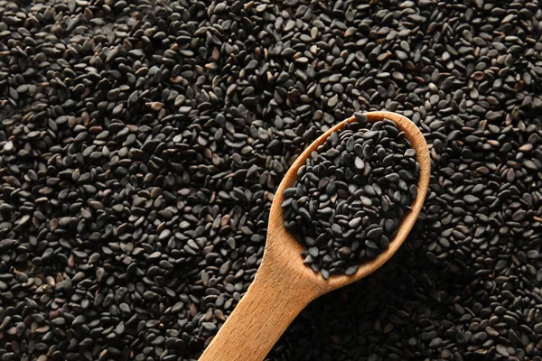 Wooden Spoon Black Sesame Closeup — Stockfoto