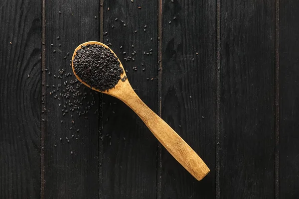 Spoon Black Sesame Seeds Dark Wooden Background — 스톡 사진