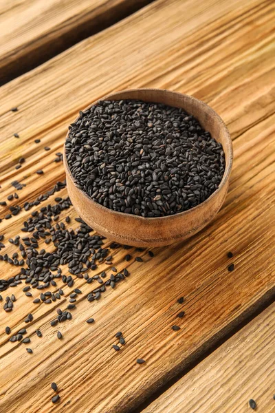 Bowl Black Sesame Seeds Wooden Background — Photo