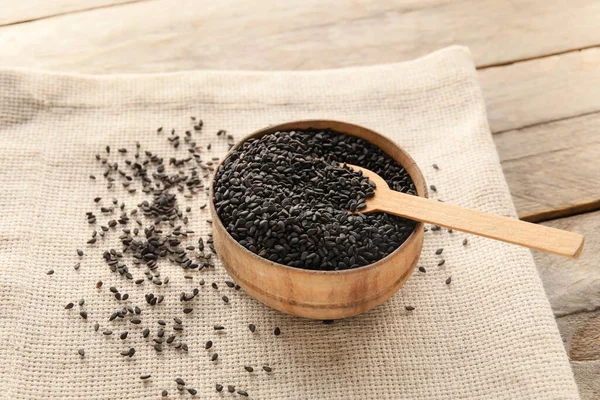 Bowl Black Sesame Seeds Wooden Table — Stock Fotó