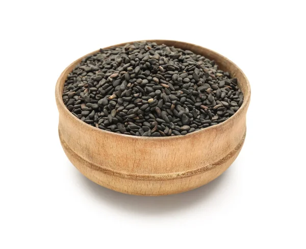 Bowl Black Sesame Seeds White Background — Fotografia de Stock