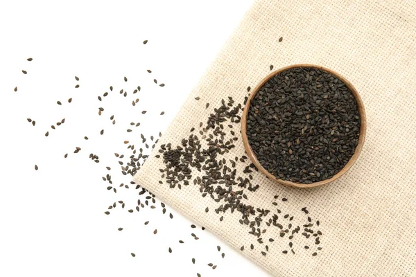 Bowl Black Sesame Seeds White Background — стоковое фото
