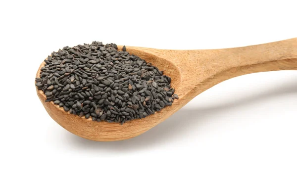 Wooden Spoon Black Sesame Seeds White Background Closeup — стоковое фото