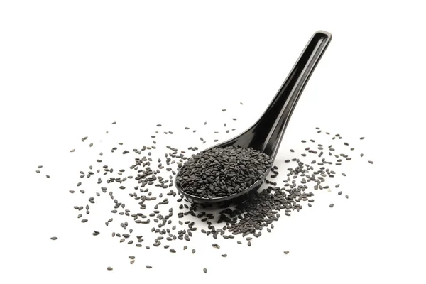Spoon Black Sesame Seeds White Background — Stockfoto