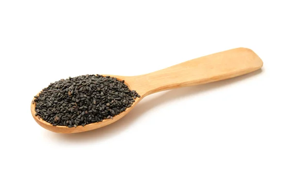 Wooden Spoon Black Sesame Seeds White Background — ストック写真