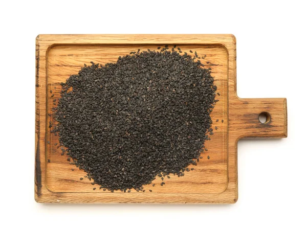 Wooden Board Black Sesame Seeds White Background — Photo
