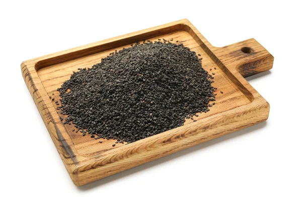 Wooden Board Black Sesame Seeds White Background — стоковое фото