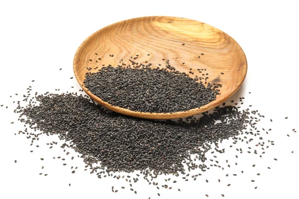 Wooden Plate Black Sesame Seeds White Background — Stockfoto
