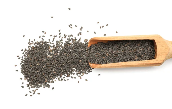 Wooden Scoop Black Sesame Seeds White Background Closeup — стоковое фото