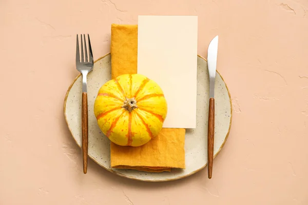 Table Setting Pumpkin Blank Card Beige Background — Stockfoto