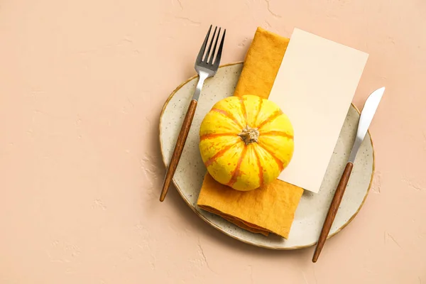 Table Setting Pumpkin Blank Card Beige Background — Stockfoto