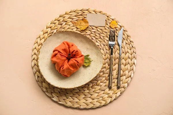 Stylish Table Setting Pumpkin Made Napkin Beige Background — Stock Photo, Image