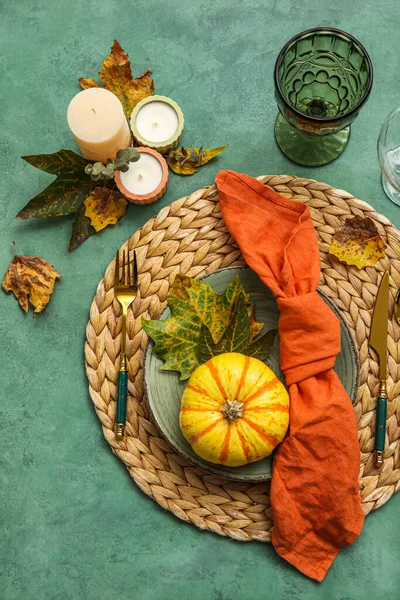 Beautiful Table Setting Candles Autumn Decor Green Background — Photo