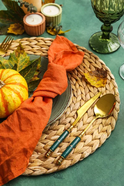 Closeup View Dinnerware Beautiful Autumn Decor Green Table — Stockfoto