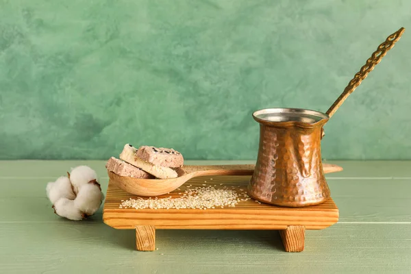 Board Tasty Sesame Halva Jezve Color Wooden Table — Stock Photo, Image