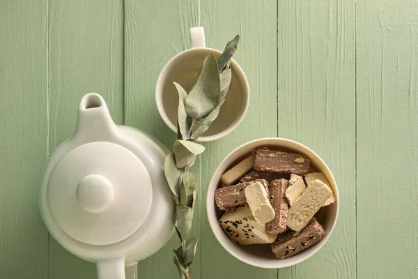 Bowl Tasty Sesame Halva Tea Set Color Wooden Background — Stock Photo, Image